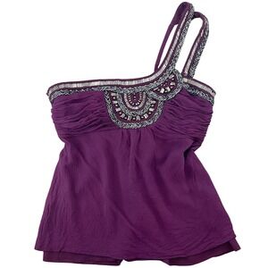Y2K bebe One Shoulder Top Womens M Purple Beads Ruched McBling Lined Glam Party